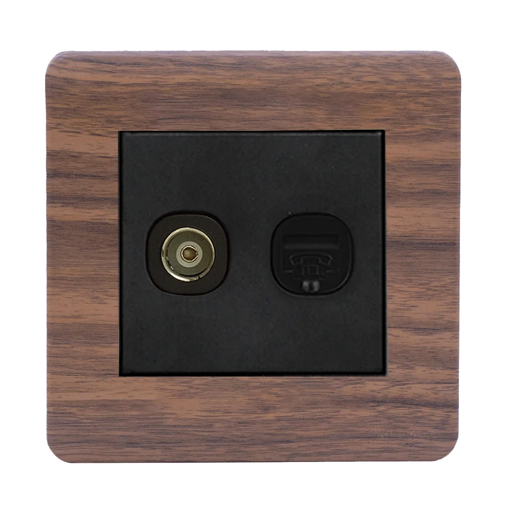 SCINTILLA 2Gang TV Co-Axial (75Ohm) + Telephone Outlet B/Matte with Kumbuk Surround