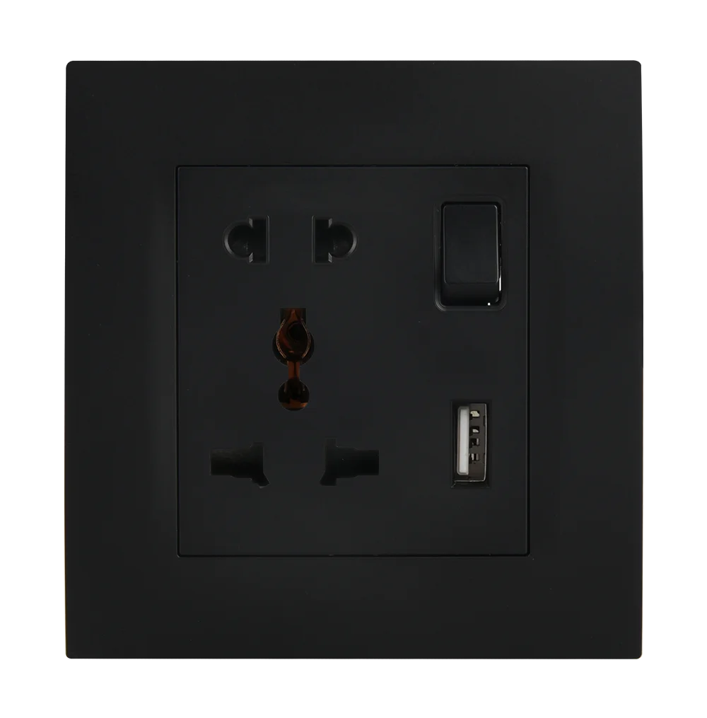 VIRAGO Multy + 2Pin Single 1Pole Switched Socket Outlet with Type-A USB Charger Outlet Black