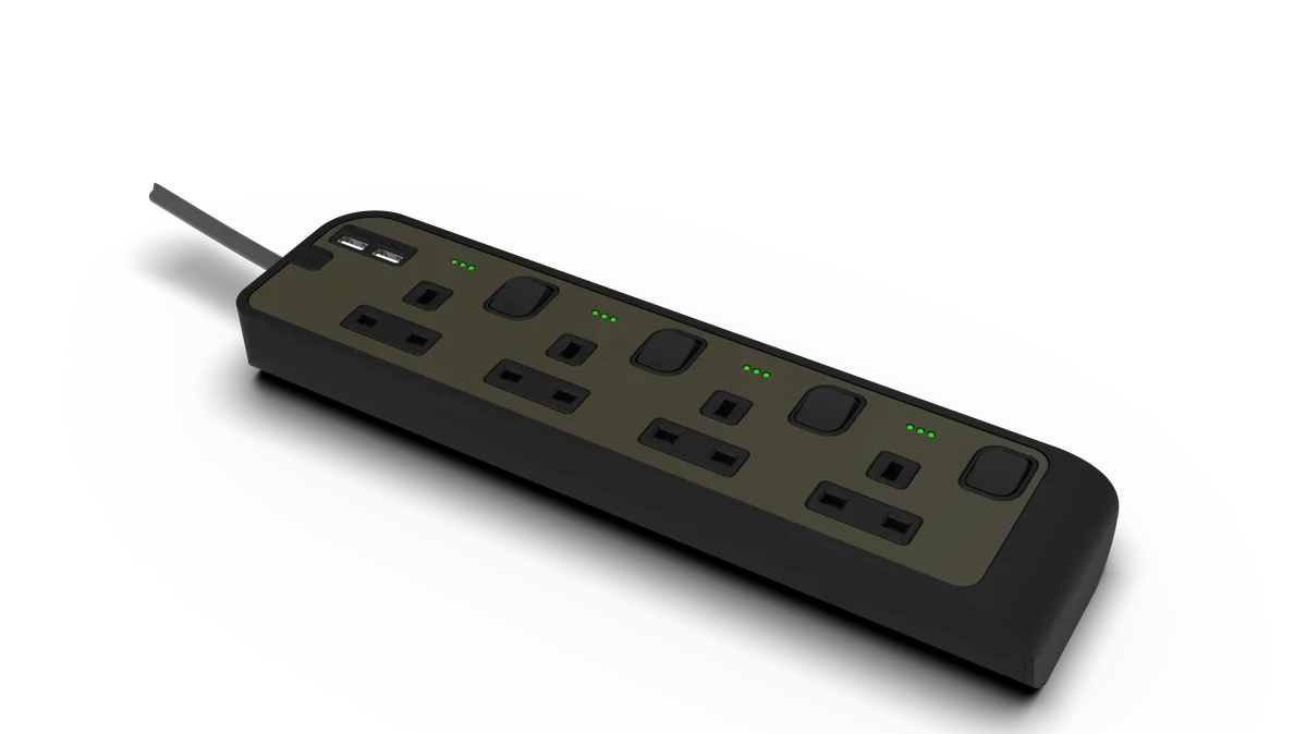 13Amp. 4 Outlet Power Strip with Indicator with 2x4.2USB-A Ports with 10Meter Cord Black Matte