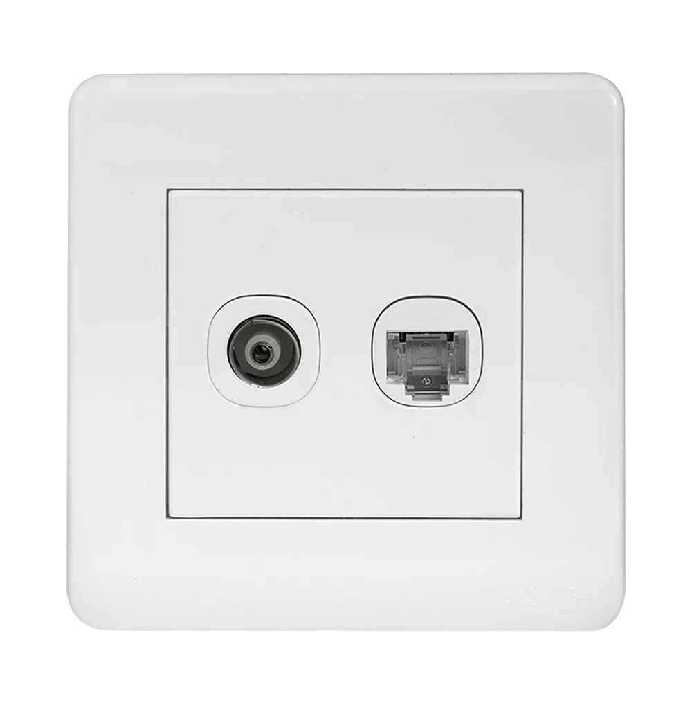 SCINTILLA 2Gang TV Co-Axial (75Ohm) + Data Outlet White with White Surround