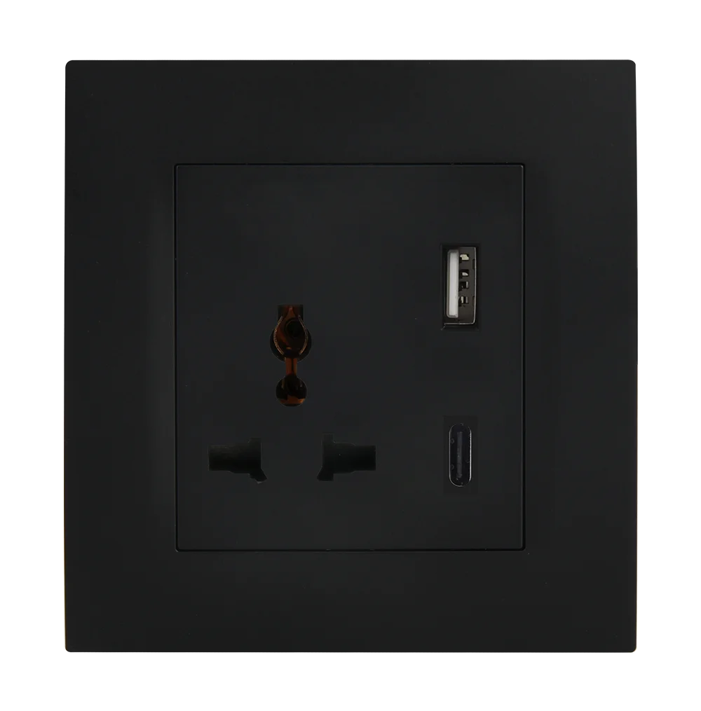 VIRAGO Multy Single 1Pole Switched Socket Outlet with Type-A + Type-C USB Charger Outlet Black