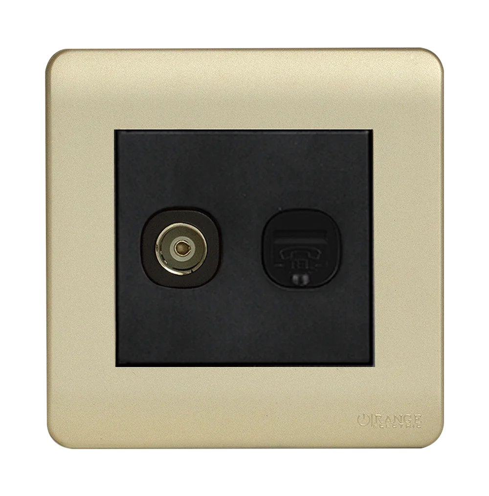 SCINTILLA 2Gang TV Co-Axial (75Ohm) + Telephone Outlet B/Matte with Gld/Matte Surround