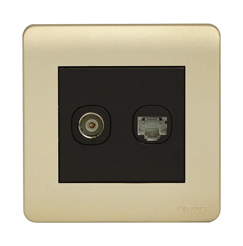 SCINTILLA 2Gang TV Co-Axial (75Ohm) + Data Outlet B/Matte with Gld/Matte Surround